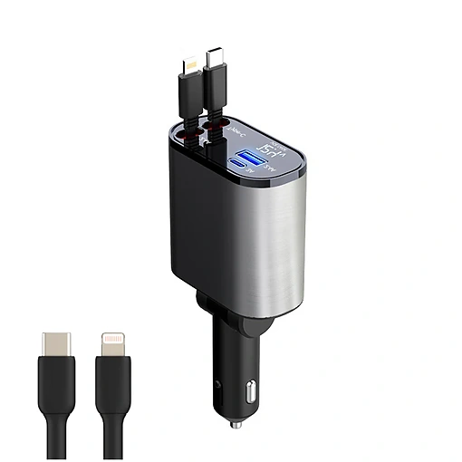 شاحن سيارة 120 واط كابل لايتنينغ وتايب سي مدمج، منافذ USB متعددة