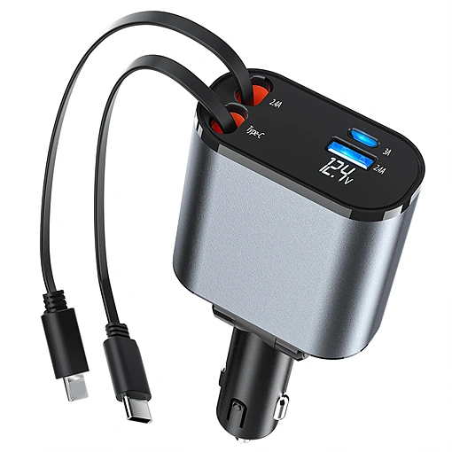 شاحن سيارة 120 واط كابل لايتنينغ وتايب سي مدمج، منافذ USB متعددة - صورة 2