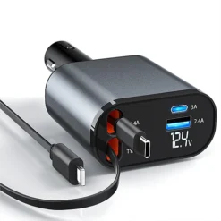 شاحن سيارة 120 واط كابل لايتنينغ وتايب سي مدمج، منافذ USB متعددة - صورة 3