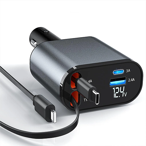 شاحن سيارة 120 واط كابل لايتنينغ وتايب سي مدمج، منافذ USB متعددة - صورة 3
