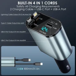 شاحن سيارة 120 واط كابل لايتنينغ وتايب سي مدمج، منافذ USB متعددة - صورة 5