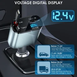شاحن سيارة 120 واط كابل لايتنينغ وتايب سي مدمج، منافذ USB متعددة - صورة 6