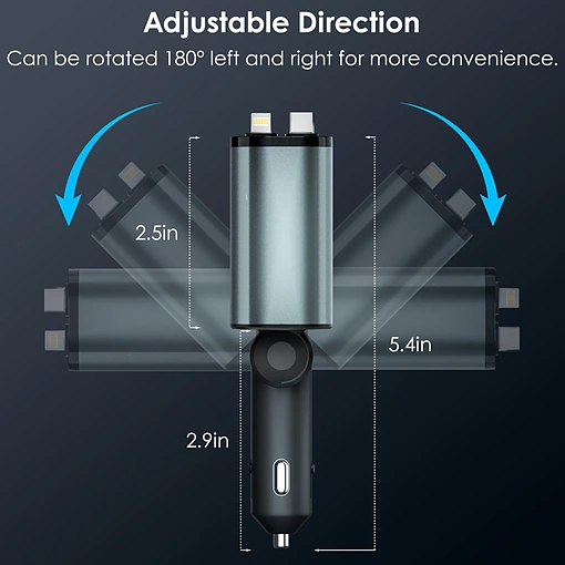 شاحن سيارة 120 واط كابل لايتنينغ وتايب سي مدمج، منافذ USB متعددة - صورة 7