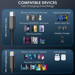 شاحن سيارة 120 واط كابل لايتنينغ وتايب سي مدمج، منافذ USB متعددة - صورة 9