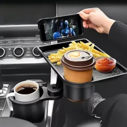 حامل أكواب وصينية طعام للسيارة 360 درجة مع حامل هاتف ومنظم متعدد الاستخدامات