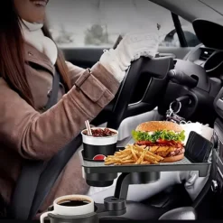 حامل أكواب وصينية طعام للسيارة 360 درجة مع حامل هاتف ومنظم متعدد الاستخدامات - صورة 2