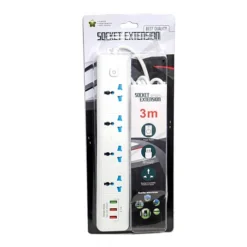 وصلة كهرباء 4 مخارج مع 3 USB بطول 3 متر – حماية من الحمل الزائد