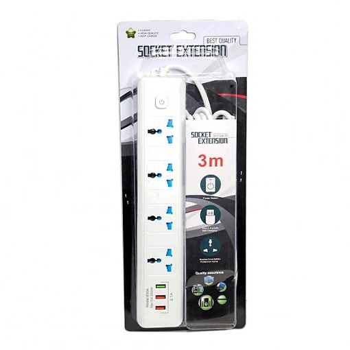 وصلة كهرباء 4 مخارج مع 3 USB بطول 3 متر – حماية من الحمل الزائد