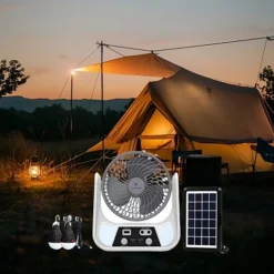 مروحة شمسية محمولة 6 بوصة مع مصباحي LED وبطارية 3000mAh وشحن USB