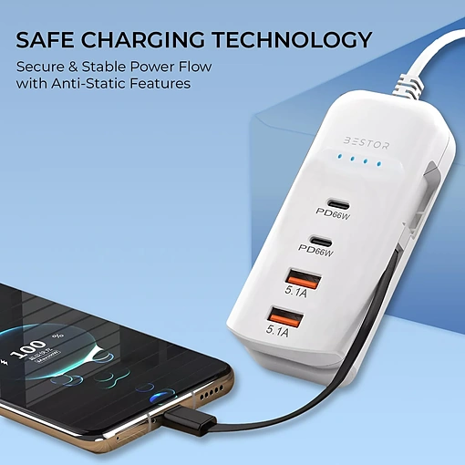 شاحن سريع 66 واط متعدد المنافذ – USB مع كابل Type-C مدمج - صورة 4