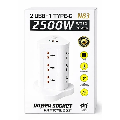 مشترك كهربائي 8 في 1 بقدرة 2500 واط مع USB وType-C وشحن سريع - صورة 4