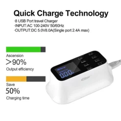 شاحن USB مكتبي بـ 8 منافذ وشاشة LED قوة 40 واط مع كابل 1.5 م - صورة 5