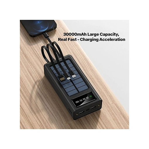 باور بنك يشحن بالطاقة الشمسية 30000mAh مع 4 كابلات مدمجة وشاشة رقمية – Airmez PL09 - صورة 2