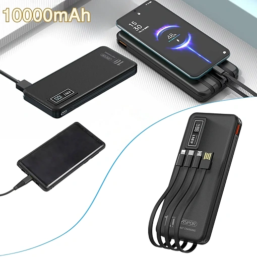 باور بانك بسعة 10000mAh شحن سريع 22.5W مع 4 كابلات مدمجة وشاشة رقمية ASPOR A300PD