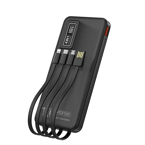 باور بانك بسعة 10000mAh شحن سريع 22.5W مع 4 كابلات مدمجة وشاشة رقمية ASPOR A300PD - صورة 2