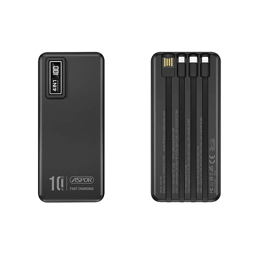 باور بانك بسعة 10000mAh شحن سريع 22.5W مع 4 كابلات مدمجة وشاشة رقمية ASPOR A300PD - صورة 6
