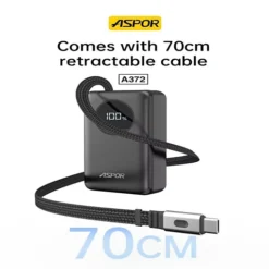 باور بانك بسعة 10000mAh شحن سريع 22.5W مع كابل Type-C قابل للسحب ASPOR A372 - صورة 2