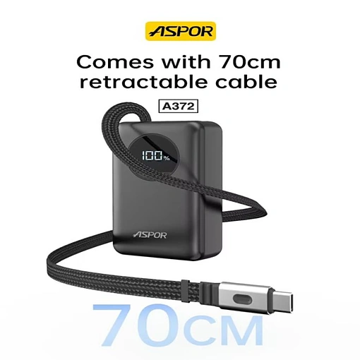 باور بانك بسعة 10000mAh شحن سريع 22.5W مع كابل Type-C قابل للسحب ASPOR A372 - صورة 2