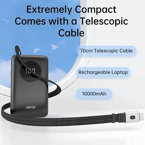 باور بانك بسعة 10000mAh شحن سريع 22.5W مع كابل Type-C قابل للسحب ASPOR A372 - صورة 3
