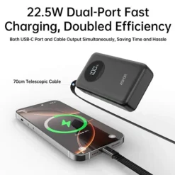 باور بانك بسعة 10000mAh شحن سريع 22.5W مع كابل Type-C قابل للسحب ASPOR A372 - صورة 4