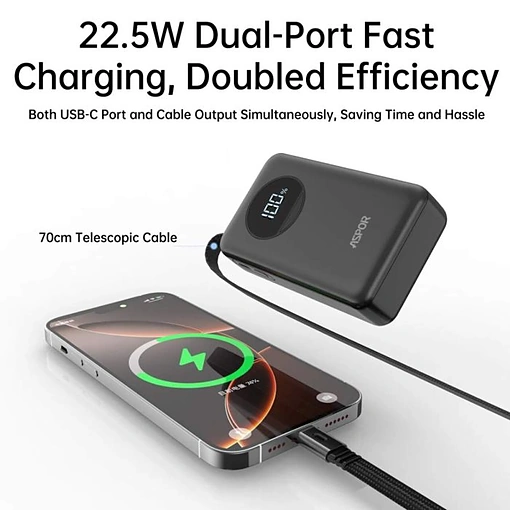 باور بانك بسعة 10000mAh شحن سريع 22.5W مع كابل Type-C قابل للسحب ASPOR A372 - صورة 4