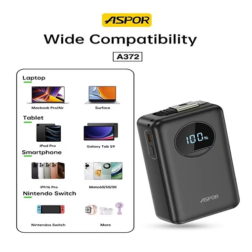 باور بانك بسعة 10000mAh شحن سريع 22.5W مع كابل Type-C قابل للسحب ASPOR A372 - صورة 5