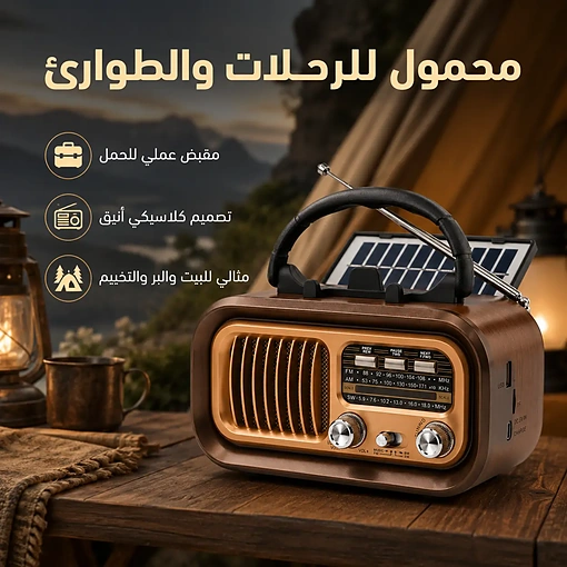 راديو بلوتوث كلاسيكي محمول AM FM SW بالطاقة الشمسية وبطارية قابلة للشحن - صورة 4