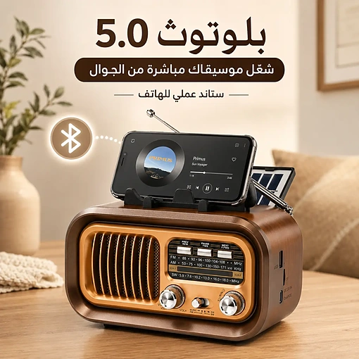 راديو بلوتوث كلاسيكي محمول AM FM SW بالطاقة الشمسية وبطارية قابلة للشحن - صورة 6