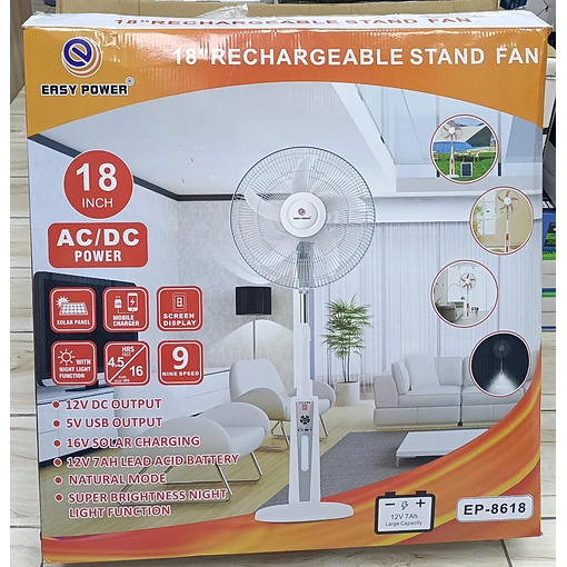 مروحة 18 بوصة ببطارية قابلة للشحن ولوحة شمسية Easy Power EP-8618 للمنزل والرحلات