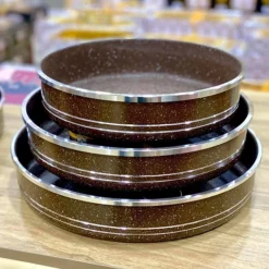 طقم 3 صواني فرن جرانيت دائرية – غير لاصقة – مقاومة للخدوش – HotChef بني - صورة 3