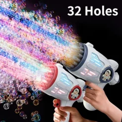 مسدس فقاعات صابون إلكتروني للأطفال 32 فتحة مع إضاءة LED بتصميم رائد فضاء - صورة 2