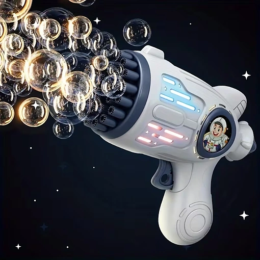 مسدس فقاعات صابون إلكتروني للأطفال 32 فتحة مع إضاءة LED بتصميم رائد فضاء - صورة 6