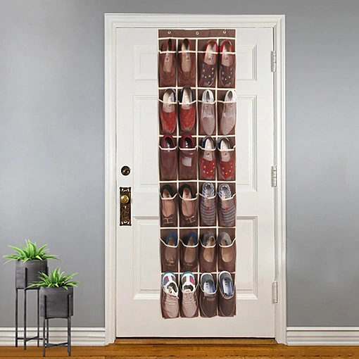منظم أحذية معلق على الباب 24 جيب مع 3 خطافات باللون البني