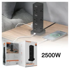 مشترك كهربائي بورودو 2500 واط مع 12 مقبس و3 منافذ USB وشحن سريع PD