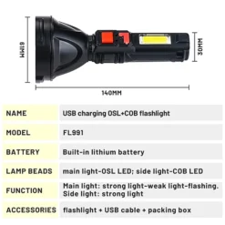كشاف يدوي LED قابل للشحن – إضاءة قوية بعيدة المدى مع 4 أوضاع - صورة 7