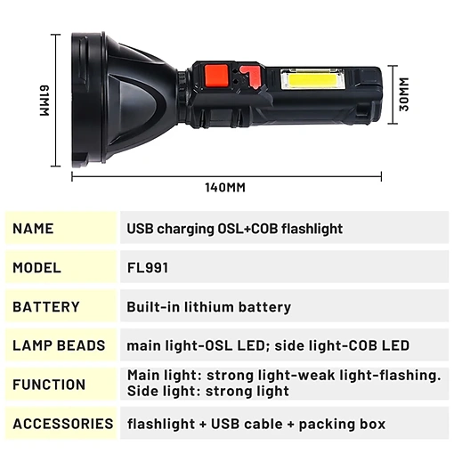 كشاف يدوي LED قابل للشحن – إضاءة قوية بعيدة المدى مع 4 أوضاع - صورة 7