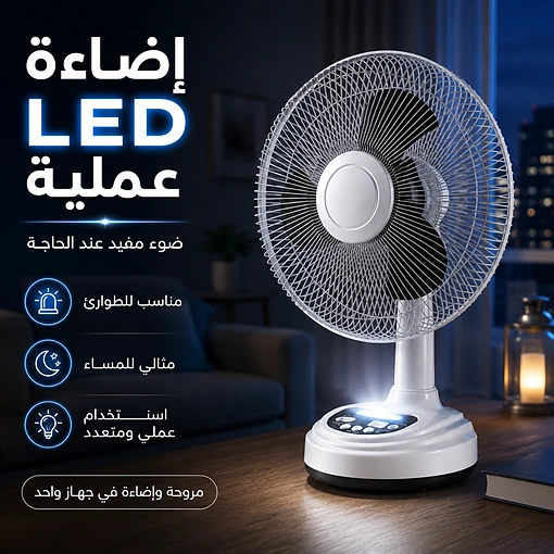 مروحة محمولة قابلة للشحن 12 بوصة مع إضاءة LED ومنفذ USB للطوارئ - صورة 4