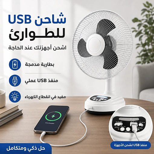 مروحة محمولة قابلة للشحن 12 بوصة مع إضاءة LED ومنفذ USB للطوارئ - صورة 5