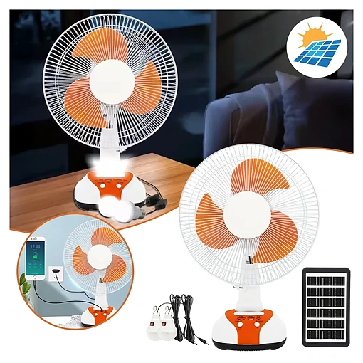 مروحة طاقة شمسية قابلة للشحن 12 بوصة مع إضاءة LED