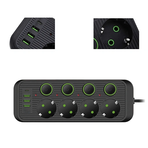 مشترك كهربائي 4 مخارج مع 3 USB ومنفذ PD شحن سريع 2500W كابل 2 متر – الموديل SC-03
