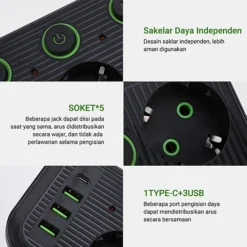 مشترك كهربائي 4 مخارج مع 3 USB ومنفذ PD شحن سريع 2500W كابل 2 متر – الموديل SC-03 - صورة 2