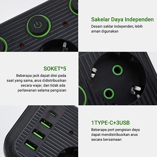مشترك كهربائي 4 مخارج مع 3 USB ومنفذ PD شحن سريع 2500W كابل 2 متر – الموديل SC-03 - صورة 2