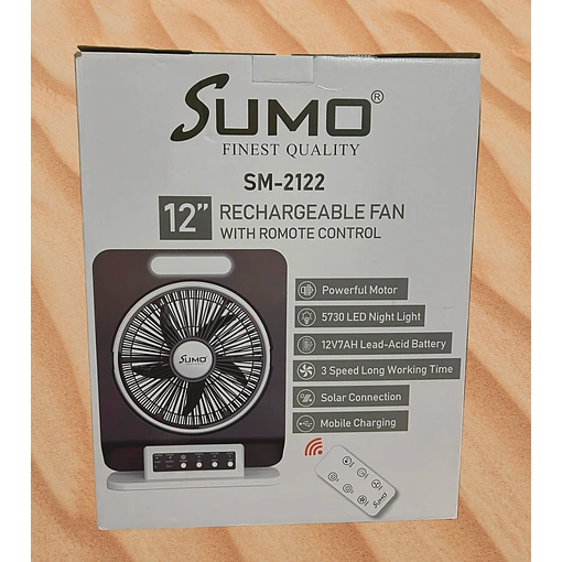 مروحة قابلة لإعادة الشحن SUMO بوصة12 مع ريموت ومصباح LED - صورة 4