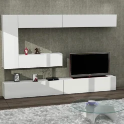 طاولة تلفزيون أبيض تصميم حديث مع 6 أبواب + خزائن حائط